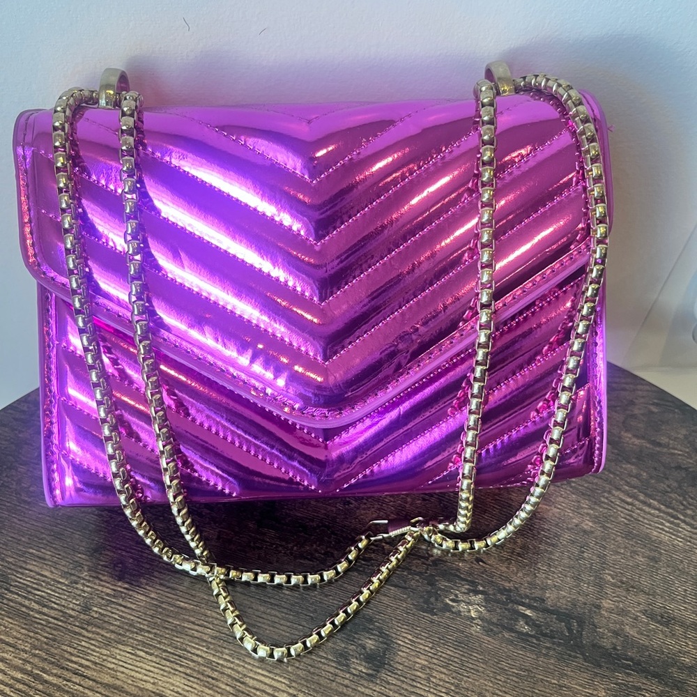 Pink Metallic Faux Quilted Chain Bag